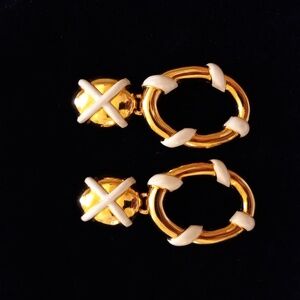 ST JOHN Vintage Gold-Tone and Cream Enamel Earrings